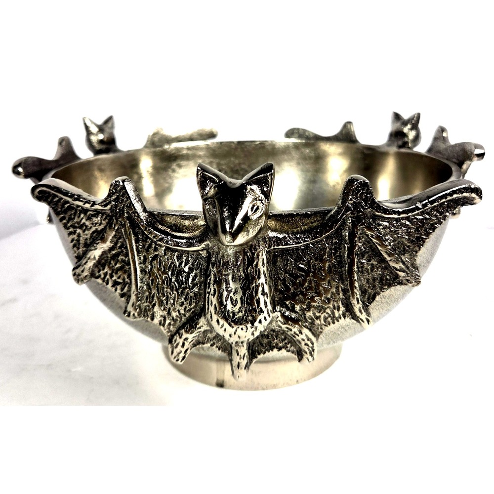 Gothic Bat Candy Bowl 11 Inch Silver Metal Spooky Hollow Halloween Decor
